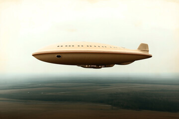 Naklejka premium A vintage-style airship with a unique, futuristic design floating in the sky over a vast landscape. The airship resembles a streamlined aircraft with porthole windows.