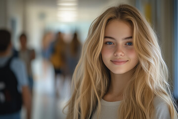 High school girl looks at the camera with confidence in the hallway, attending class.