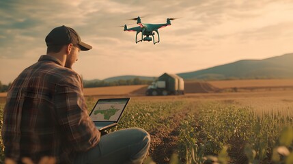 Agricultural drone flying above a field while a farmer on the ground uses a laptop to review drone collected data and map out field areas for planting.