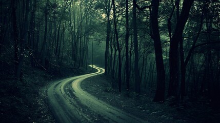 Obraz premium Winding Road Through Dark Forest, Moody Atmosphere with Dense Trees and Mist. Generative AI