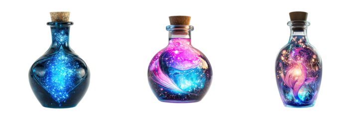 Set of mermaid potion bottle with glowing liquid isolated on a transparent background