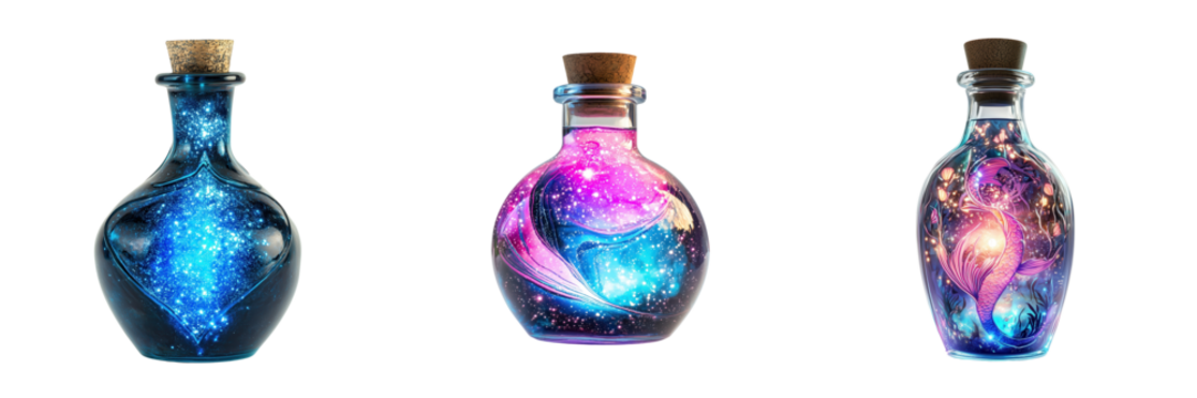Set of mermaid potion bottle with glowing liquid isolated on a transparent background - Powered by Adobe