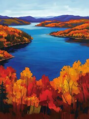 Vibrant autumn landscape with colorful foliage near serene lake