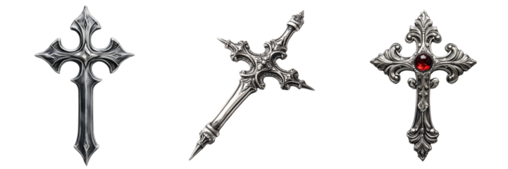 Set of silver cross with vampire-repellent design isolated on a transparent background