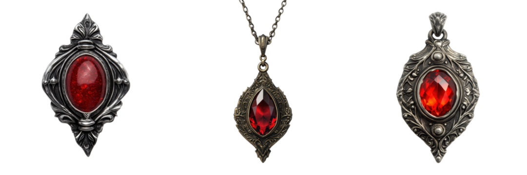 Set of vampire amulet with red gemstone isolated on a transparent background