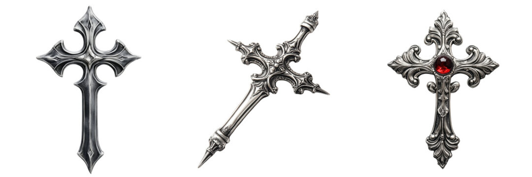 Set of silver cross with vampire-repellent design isolated on a transparent background