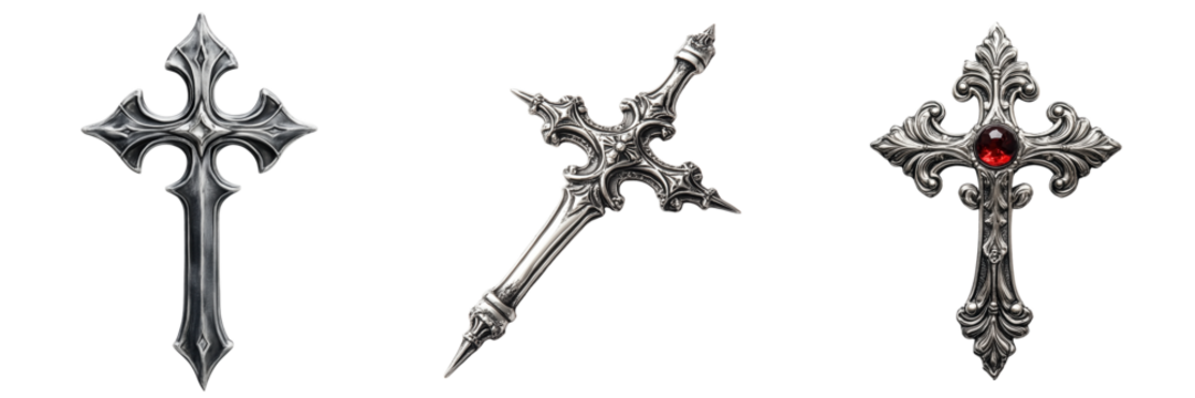 Set of silver cross with vampire-repellent design isolated on a transparent background