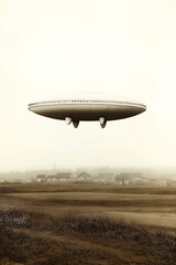 Flying saucer hovering above a rural area with small houses and fields, creating an eerie and mysterious atmosphere with a sepia-toned color scheme.