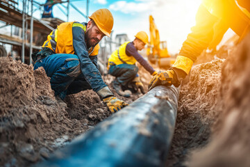 Construction workers install underground utility and services pipe.