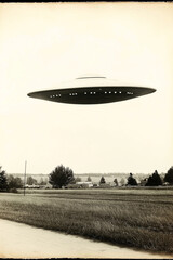 Fototapeta premium Vintage black and white photograph of a classic flying saucer UFO hovering above a rural landscape with fields, trees, and a small settlement in the background.