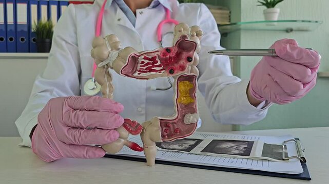 Intestine, appendix and digestive system, doctor holding anatomy model for study diagnosis 