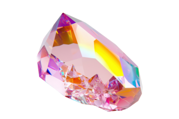 Colorful iridescent crystal with faceted edges, reflecting vibrant hues of pink, yellow, and purple. The crystal displays a polished surface. Isolated on transparent background, png.