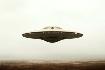 Fototapeta premium An image of a large, unidentified flying object (UFO) hovering above a barren landscape. The UFO has a classic saucer shape with lights lining the lower rim.