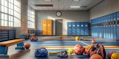 A basketball court with basketballs, equipment, and a bench.