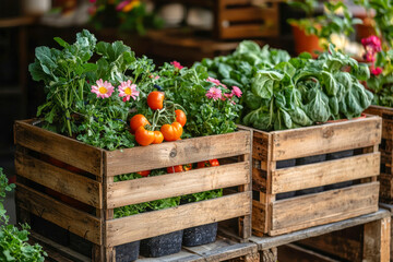 Flowers and vegetable planted in the recycle wooden box. The box was arranged and stacked nicely in the slanted rack.