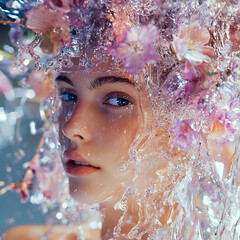 Diamonds, water splash, bumblebees, flowers, gemstones, and a mysterious, enchanting woman