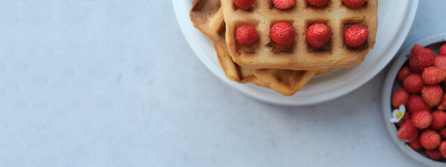 Banner. Belgian or Viennese waffles with strawberries on minimalistic concrete grey background. delicious sweet dish, copy space for text