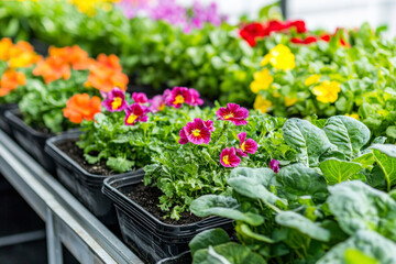 Planting flowers and vegetables in plastic pots. Vertical garden.