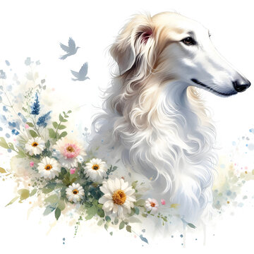 흰 배경, 보르조이, 수채화 (white background, borzoi, water colour)