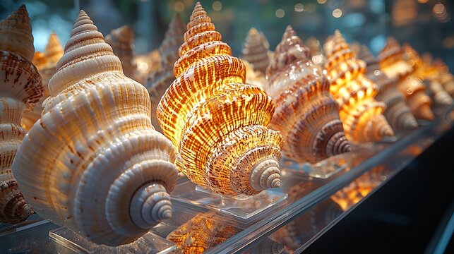 Shells displayed in a glass showcase with light illuminating them