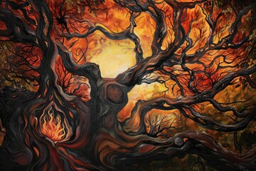 A painting of a forest with trees that are on fire