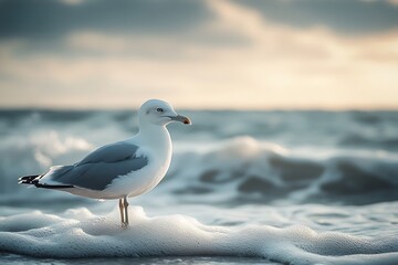 Obraz premium Seagull standing on foamy waves at sunset