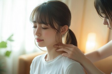 Naklejka premium Japanese woman in casual clothes is receiving a neck massage from a physical therapist for chronic stiff neck, with the physical therapist's hands lightly holding her shoulders.