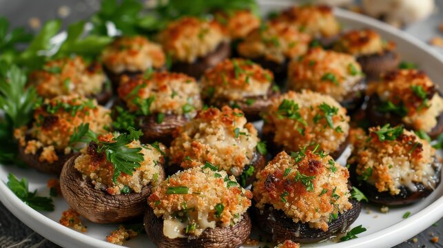 A plate of stuffed mushrooms with a garnish of parsley
