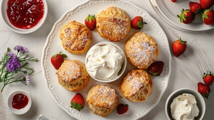 A plate of pastries with strawberries and whipped cream
