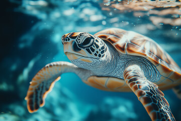 Obraz premium Little turtle swimming in the sea Vivid underwater images and southern landscapes, clear waters