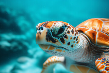 Fototapeta premium Little turtle swimming in the sea Vivid underwater images and southern landscapes, clear waters