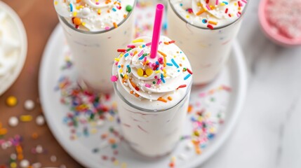 A white cup with sprinkles on top of it