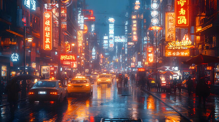 Fototapeta premium Rainy Night in the City - Digital Illustration