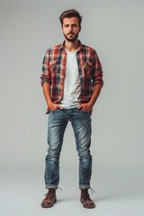 Casual young man in flannel shirt and jeans indoors