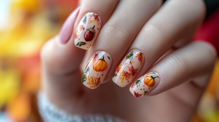 Autumn-Themed Manicure with Hand-Painted Fall Designs