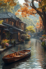 Obraz premium Small town on the river, rowboats moored on both sides of the waterfront, water travel by rowboat