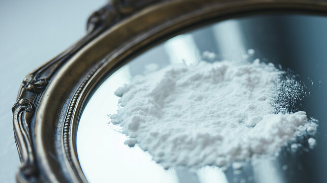 Pile of cocaine drug on mirror reflecting light