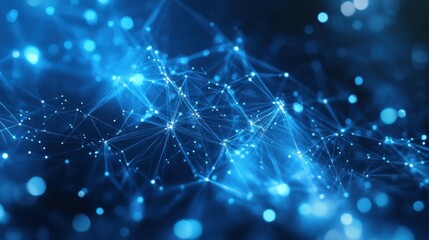 Abstract illustration featuring plexus blue geometrical shapes, representing connection and web concept, with digital communication and technology network background comprising moving lines and dots-s