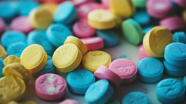 Colorful mdma pills stacked on a table forming a big pile