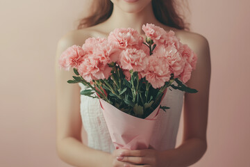 Bouquet of flowers wrapped in pink paper, holding a woman on the background.