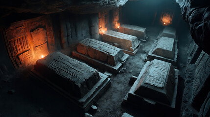A dimly lit ancient tomb with multiple stone sarcophagi, featuring intricate carvings and hieroglyphs on the walls and lids. Torches illuminate the interior in warm light.