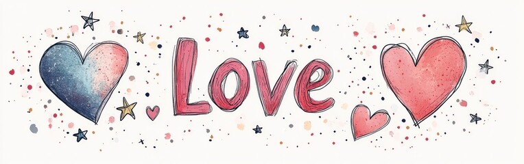 Hand-Drawn Love Doodles with Hearts and Cute Romantic Words