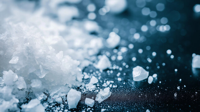 White crystal meth shards lying on dark reflective surface