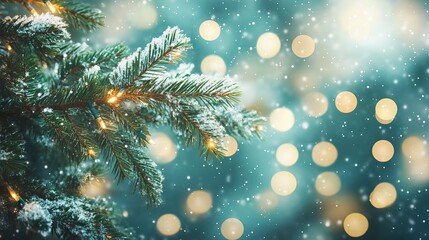 Snow-covered pine branches with glowing lights in a bokeh background. Christmas Tree. AI generated image