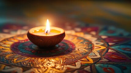 Close-up of a single glowing oil lamp resting on a mandala-patterned rangoli, the intricate details of the clay lamp and floral patterns highlighted by warm candlelight, leaving ample space for text