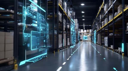 High-tech logistics center with AR screens and holographic displays providing real-time tracking and management of packages, showcasing a futuristic approach to package handling.