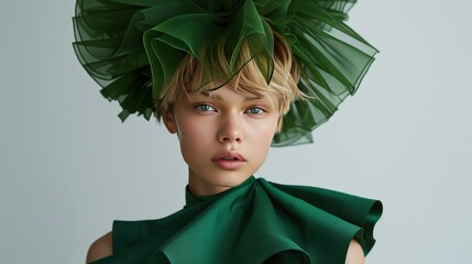 Young model showcasing elegant green fashion in studio