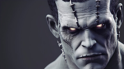 A Frankensteins with a scary face and a creepy look on his face