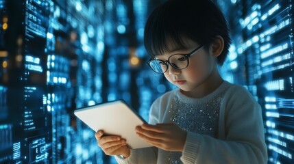 Child acting as a data analyst, holding a tablet, reviewing big data in a modern tech office.