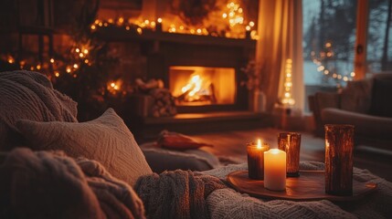 A cozy room with a roaring fireplace in the background, soft lighting, and a warm atmosphere, perfect for a winter night by the fire.